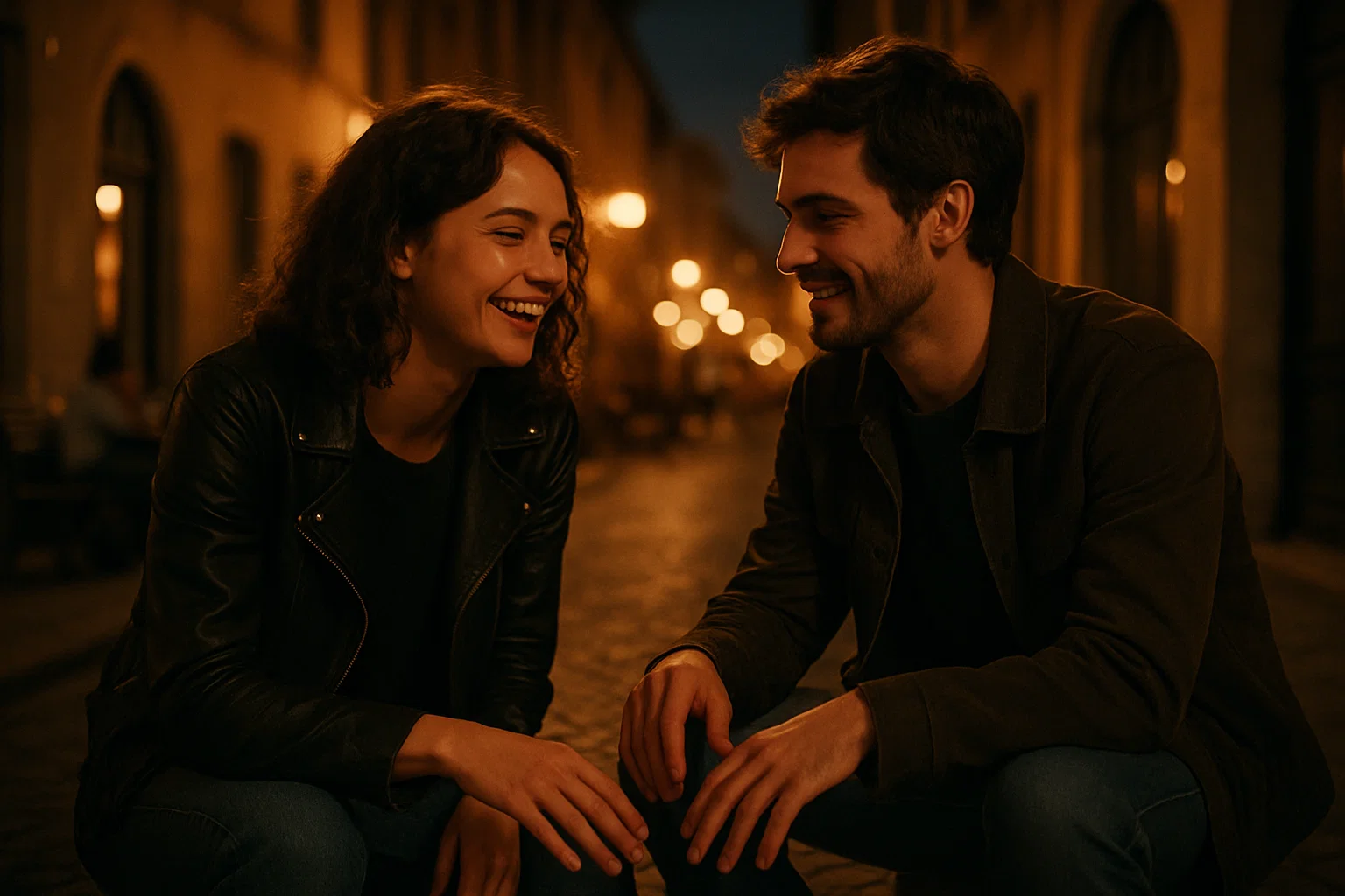 Pareja divirtiéndose y riendo con complicidad