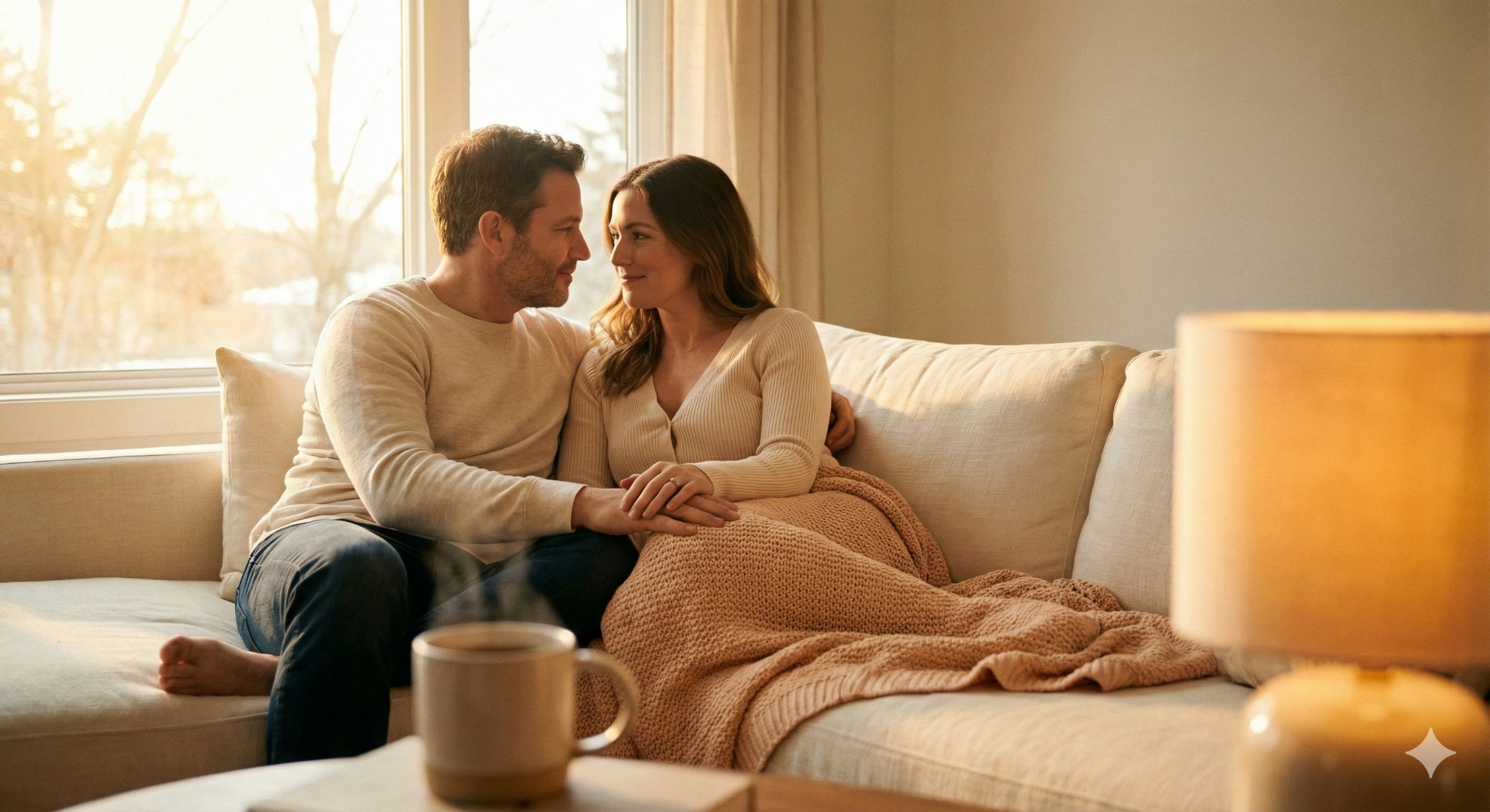 Pareja recuperando el deseo sexual en el sofá