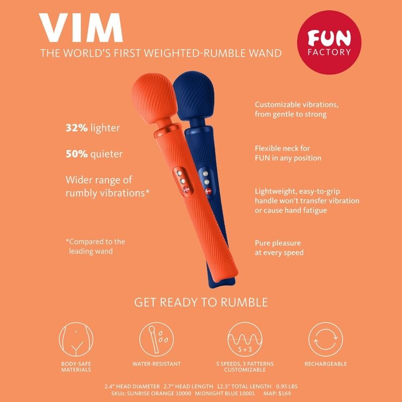 FUN FACTORY - VIM WAND RUMBLE VIBRADOR RECARGABLE SILICONA AZUL MEDIANOCHE - Imagen 6